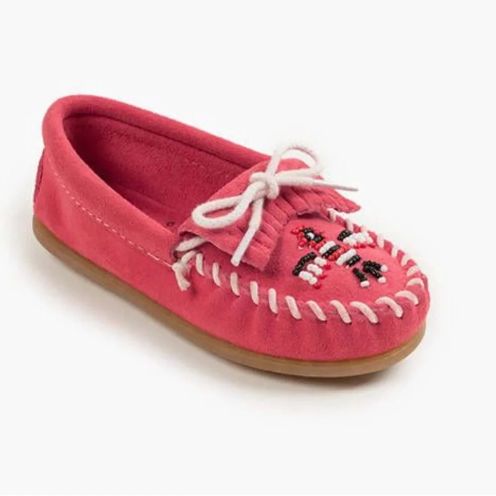 Minnetonka Girls Pink Thunderbird Beaded Moccasin Flats Size 2 Southwestern Boho